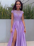 A Line Satin Scoop Short Sleeves Beading Open Back Sweep Train Prom Dresses LBQ3363